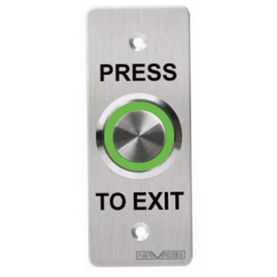 NEMESIS EVAQ SERIES PUSH BUTTON SILVER ILLUMINATED RING ON FLAT SLIM/ MULLION STAINLESS STEEL PLATE WITH "PRES