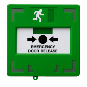 RESETTABLE "EMERGENCY DOOR RELEASE" TEXT BREAK GLASS( BGA) W/ LED & BUZZER PLASTIC INSERT GRN 3X DPDT 12/24VDC