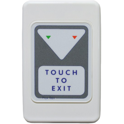 PROX-REX PUSH BUTTON WHITE PLASTIC ENCLOSURE PLASTIC PLATE STD WITH "TOUCH TO EXIT" ENGRAVED IN BLUE SPDT 9-16