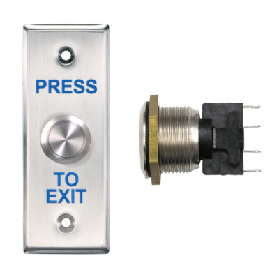 PBT-020-4 ROUND PUSH BUTTON SLIM/MULLION STAINLESS STEEL PRESS TO EXIT DPDT MOMENTARY 115Hx43Wx32D (MM) SILVER