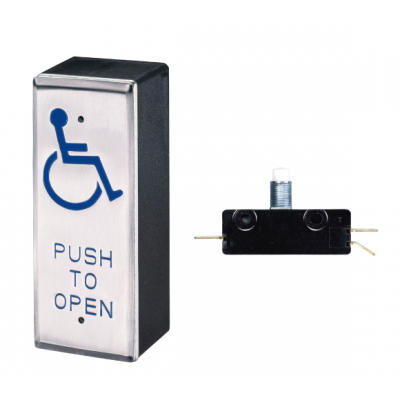 PBT-030 ELBOW ROCKER PUSH BUTTON SLIM/MULLION STAINLESS STEEL PUSH TO OPEN WHEELCHAIR ICON SPDT MOMENTARY SILV