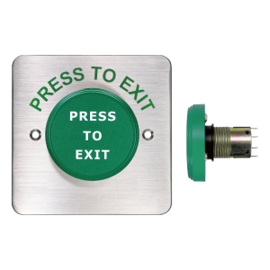 PBT-450BS EXIT PUSH BUTTON ROUND HEAD SQUARE STAINLESS STEEL PLATE DPDT MOMENTARY 85.5Hx85.5W (MM) GREEN
