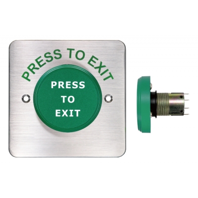 PBT-450BS EXIT PUSH BUTTON ROUND HEAD SQUARE STAINLESS STEEL PLATE DPDT MOMENTARY 85.5Hx85.5W (MM) GREEN
