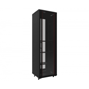 REDBACK RACKS A5.6818 19 INCH FLOOR RACK 18RU TOUGHENED GLASS VENTED REAR DOOR 800KG 2X SHELVES BLACK 600WX800