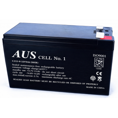 AUSCELL CJ12-9 12VDC 9AH VRLA LEAD ACID BATTERY FASTON F2 90A (5 SEC) 2.7A CHARGE BLACK 100HX151WX65D (MM)