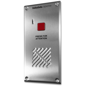 DALLAS DELTA SENTRYDCOM1BV SENTRY 4-WIRE 1-BUTTON AUDIO DOOR STATION SILVER S/S VERTICAL 9-20VDC DRY CONTACT LOCK OUTPUT